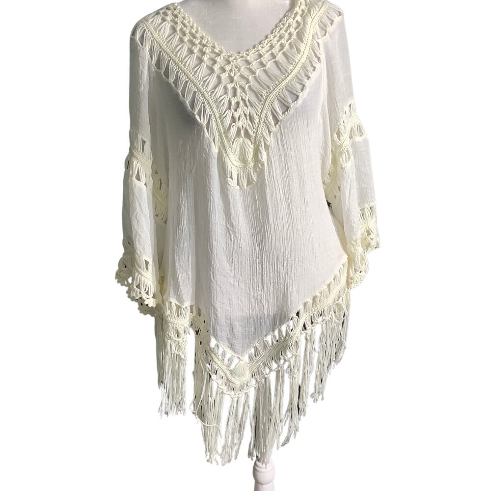 Time Line Ivory Crochet Boho Cover Up Tunic Women’s 1X — Fringe, Beach, Festival